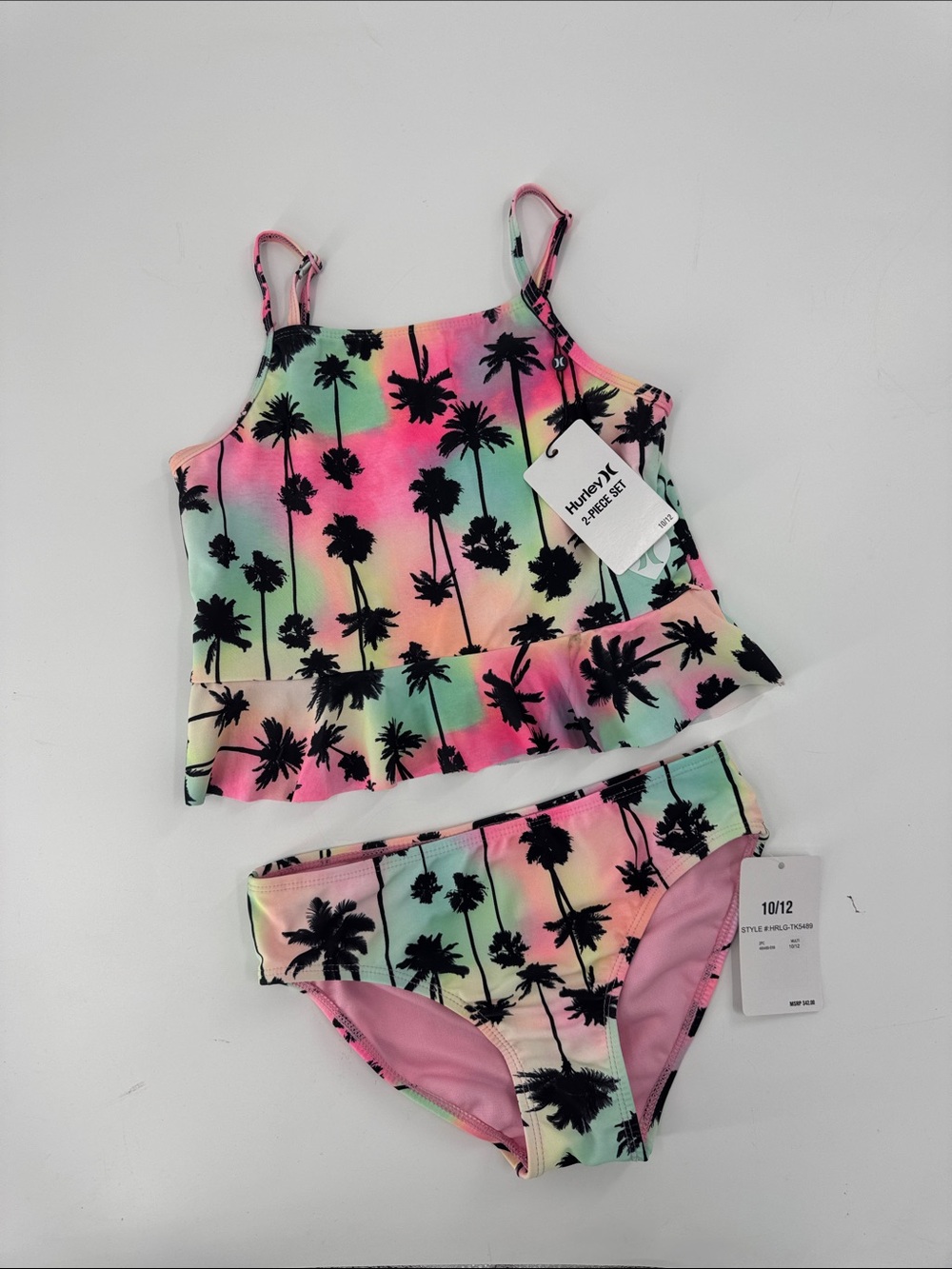 HURLEY Girls Palm-Print Ruffle Peplum Two Piece Swimsuit - Pink Multi Size 10-12